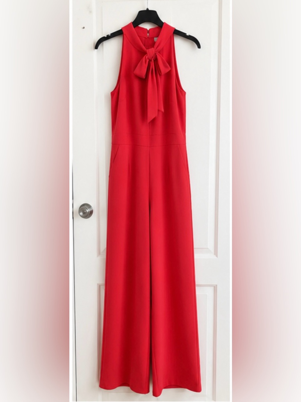 Vince Camuto Red Bow Neck Sleeveless Wide Leg Jumpsuit with Pockets
